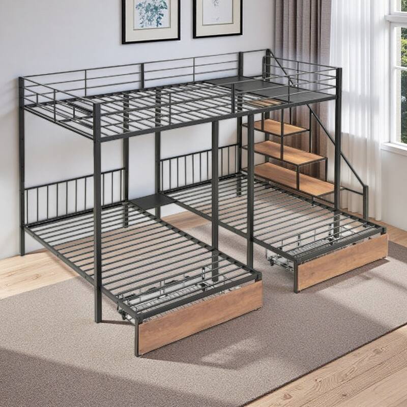 Triple Bed with Full + Twin Layout, Stair Storage & Drawers - Black Metal Construction - Black