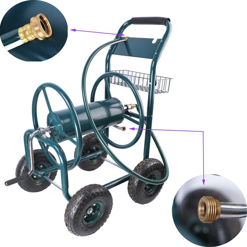 Heavy-Duty 4-Wheel Garden Hose Reel Cart - Portable with Storage Basket, Rust-Resistant
