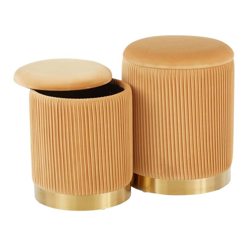 Marla Contemporary Nesting Pleated Ottoman Set in Gold Metal and Velvet by LumiSource