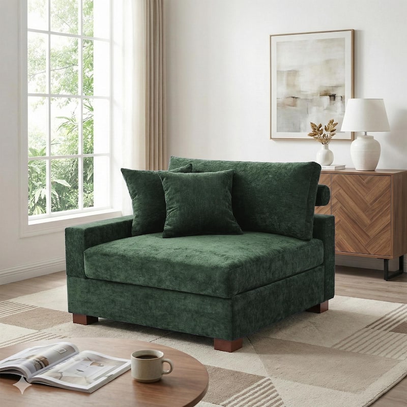 41" W Modern Chenille Corner Arm Accent Chair Sectional Module with Pillows - Lfet Facing - Green