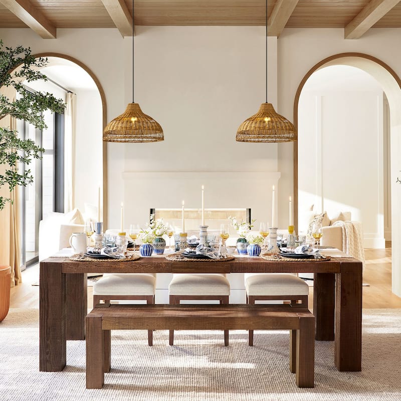1-Light Farmhouse Brown Natural Handwoven Rattan Dome Pendant Light - 16.9 in. W x 11 in. H