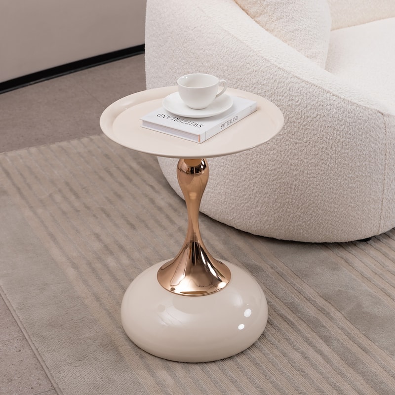 Mermaid Tail End Coffee Table Round Side Table, Modern Metal Pedestal Table, Minimalist Accent Table For Small Spaces - Cream White