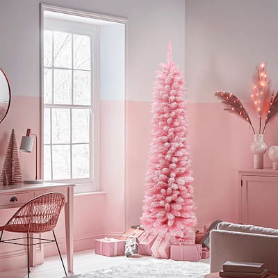 6Ft Pencil Slim Artificial Pink Christmas Tree - 72" H x 26" Diameter