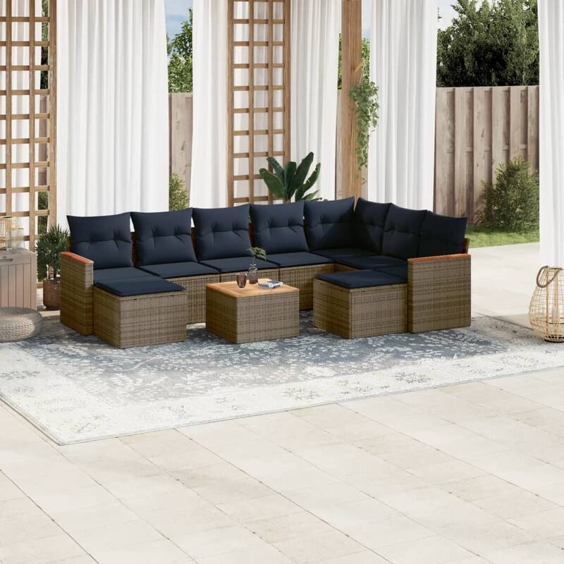 vidaXL 9/10 Piece Patio Sofa Set with Cushions Black/Gray Poly Rattan - 24.4 x 24.4 x 27.2 - Gray With table