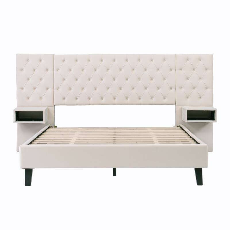 Velvet Upholstered Platform Bed with 2 Nightstands, with diamond tufted, Beige