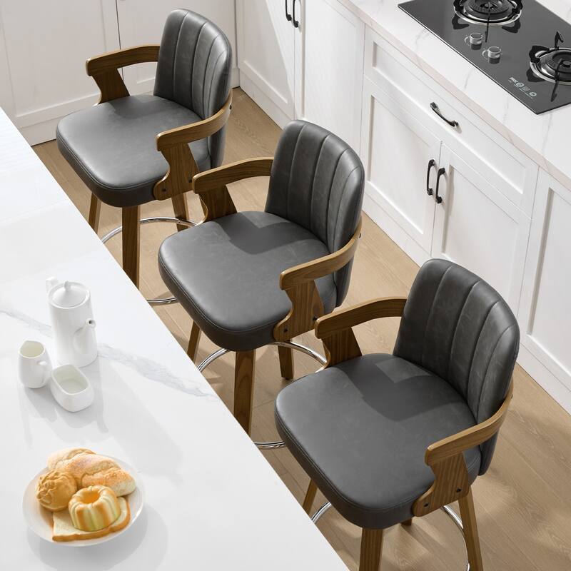 Upholstered Wood Swivel Counter Height Barstool with Arms - 37.8"H x 18.7"W x 19.29"D