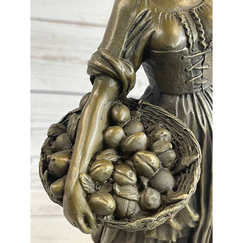 Farmer Girl Carrying Basket Of Fruits Bronze Statue Sculpture 15.5 Inches X 6 Inches