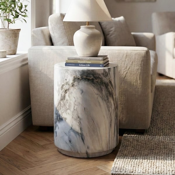 slide 2 of 30, Furniture of America Karvyn Modern 14-inch Round Natural Stone Indoor Drum Side Table Blue Gray Marble