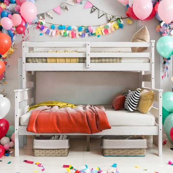 slide 2 of 9, Twin XL Over Queen Wood Bunk Bed With Ladder,Convertible Beds for Home White