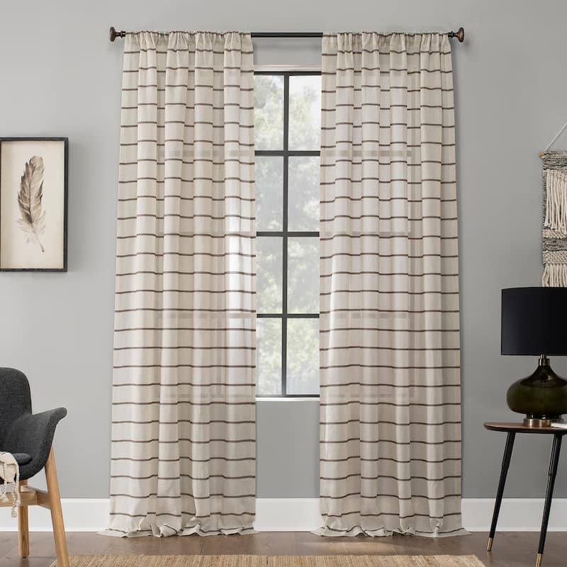 Clean Window Twill Stripe Anti-Dust Linen Blend Sheer Curtain Panel, Single Panel - mocha/linen - 52 x 63