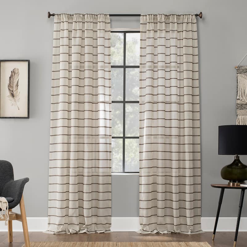 Clean Window Twill Stripe Anti-Dust Linen Blend Sheer Curtain Panel, Single Panel - mocha/linen - 52 x 95