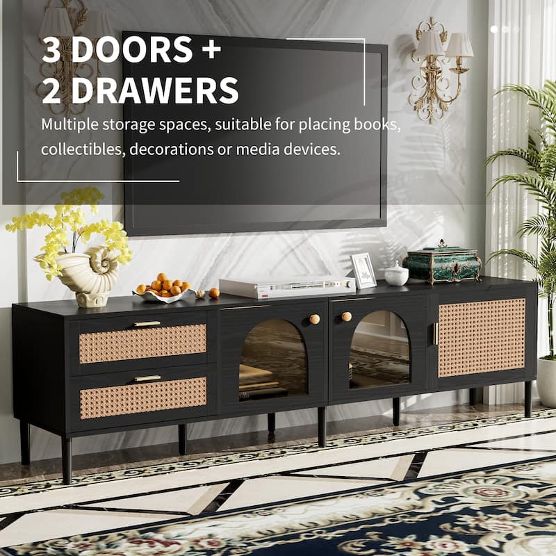 71" TV Stand for TVs Up to 80'', Entertainment Center TV Console Table with Storage, Home Media Console with Rattan Decor