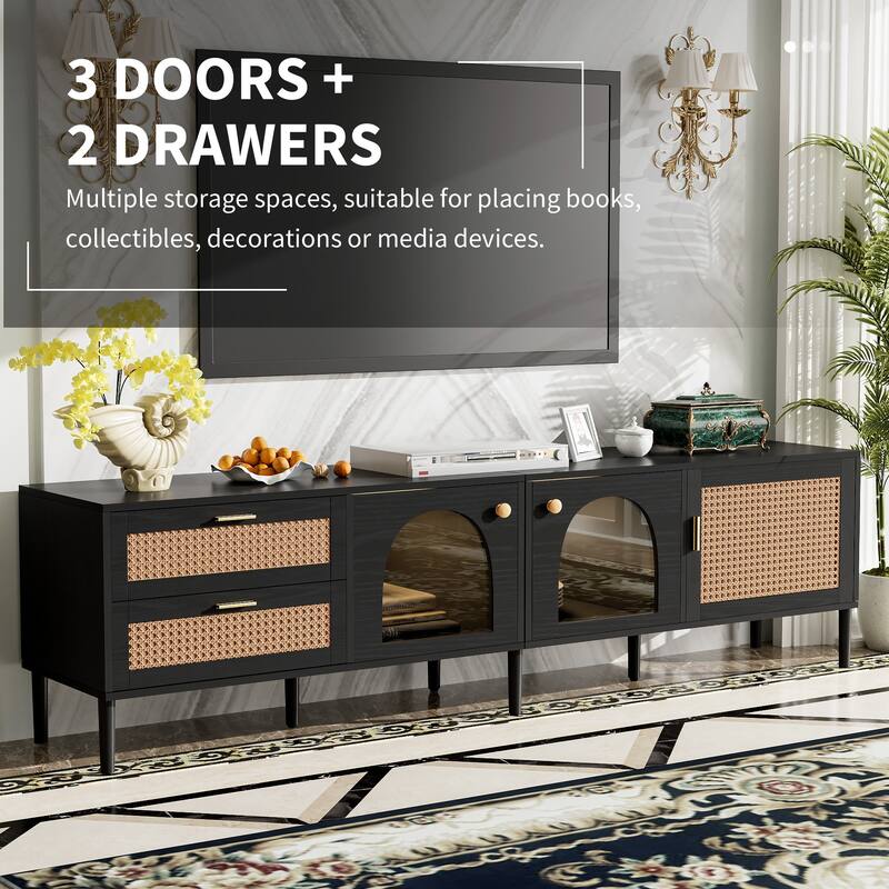 Modern Media Console with Rattan Design, LED Lights & Storage for TVs up to 80" - Living Room & Bedroom TV Stand