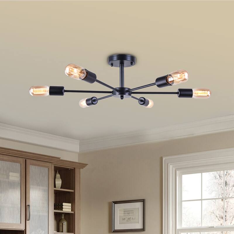 6-Light Modern Industrial Dimmable Sputnik Linear Cluster Semi-Flush Mount Light - Black