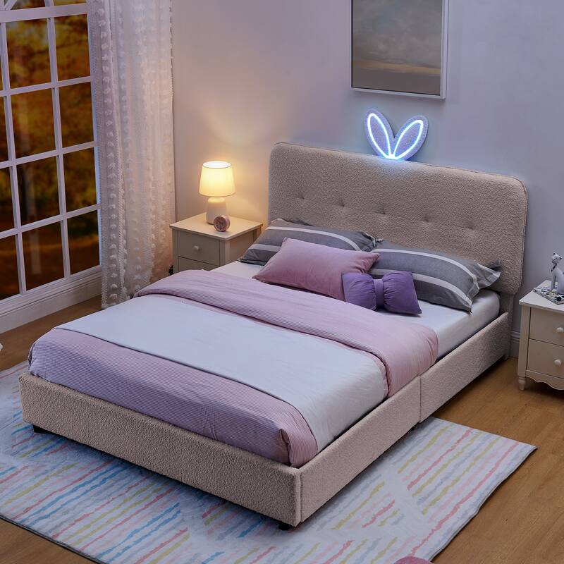 Queen Size Boucle Upholstered Bed with Rabbit Ear Headboard, LED Music Sync & 4 Drawers - Pink - Queen