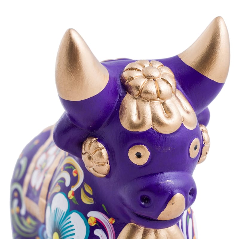 Handmade Ceramic Figurine, 'Purple Pucara Bull' (Peru)