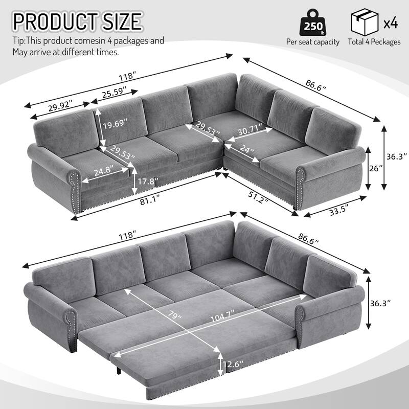 L-Shaped Sofa Couch with Pull-Out Bed, Convertible Sleeper Sofa with Nailhead Trim & Rolled Arms, Chenille Upholstered Couch