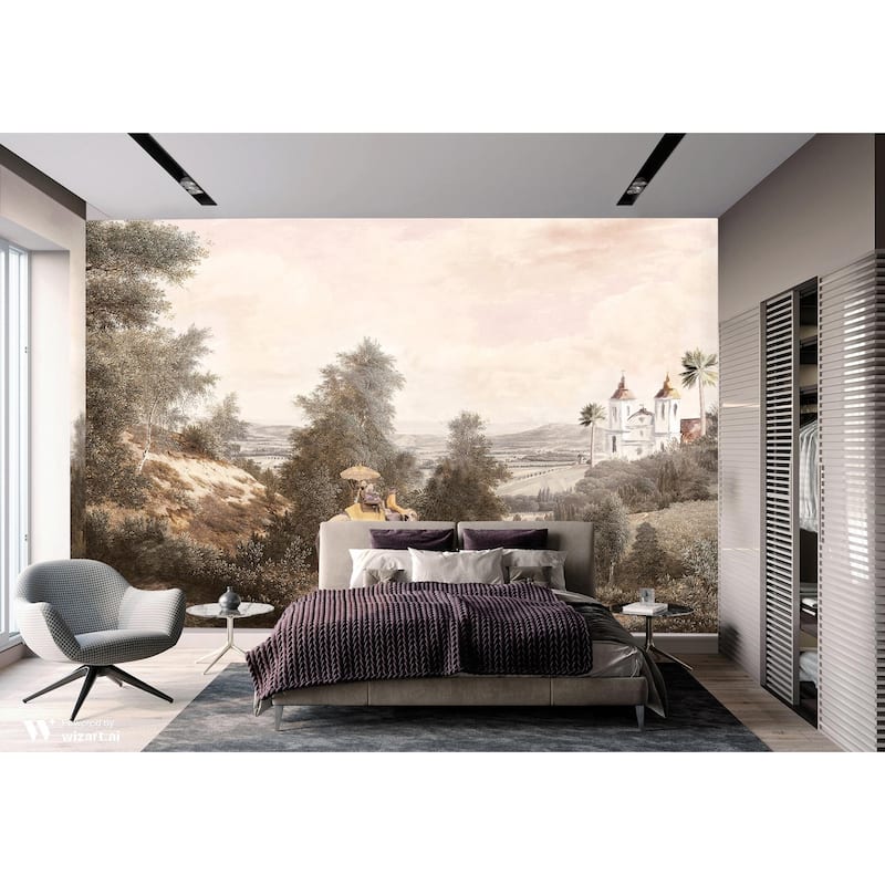Vintage Scenic Wallpaper Mural with Elephant Ride and Serene Countryside Landscape
