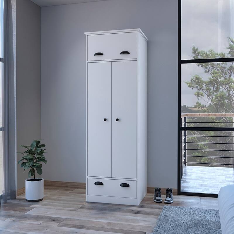 19.69" Modern Double-door Armoire with Top-hinged Drawer and Generously-sized Lower Drawer
