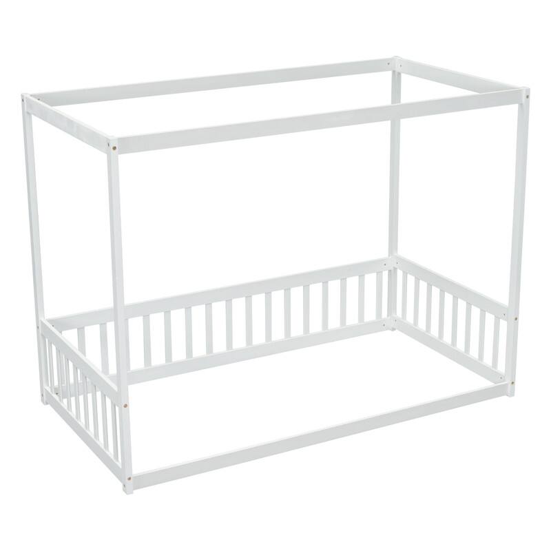 Twin Size Canopy Frame Floor Bed with Fence, Guardrails
