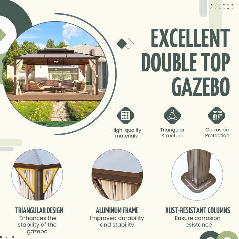 Hardtop Gazebo for Patio,Permanent Outdoor Pergola with Double Roof & Aluminum Frame & Netting & Curtains,Ideal for lawn,yard
