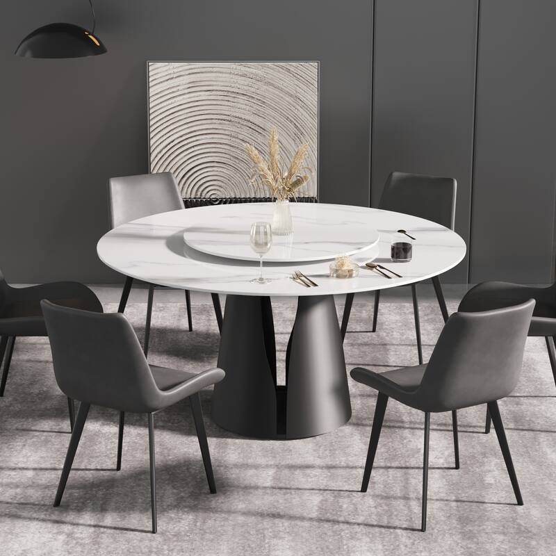59'' Round Marble Dining Table with Solid Wood Pedestal - RDTT150W80W-RDTL3B