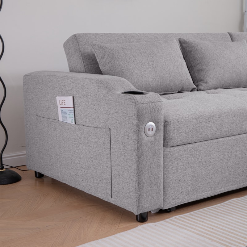 84"Adjustable Backrest Sofa Bed,3 in 1 Linen Sleeper with USB Ports & Cup Holders, Pull Out Couch Bed with Storage Chaise
