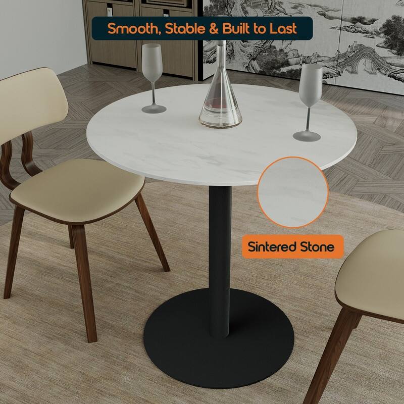 Vail Round Dining Table 36 in. Sintered Stone Tabletop in Black Stainless Steel Round Pedestal Base for Kitchen and Dining Room
