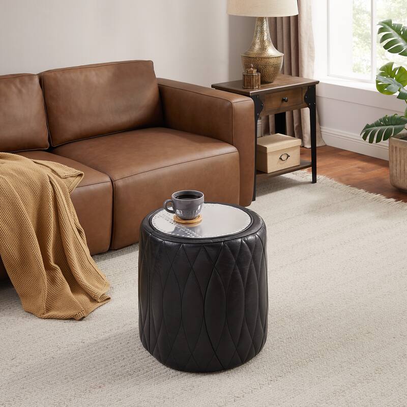 Art Leon Industrial Aluminum and Genuine Leather Ottoman Stool - Black