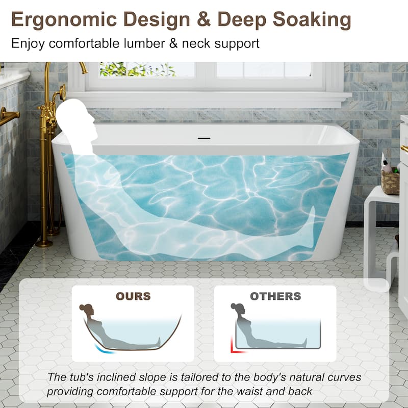 55 in. Freestanding Acrylic Soaking Bathtub, Modern Rectangle Design with Included Drainer