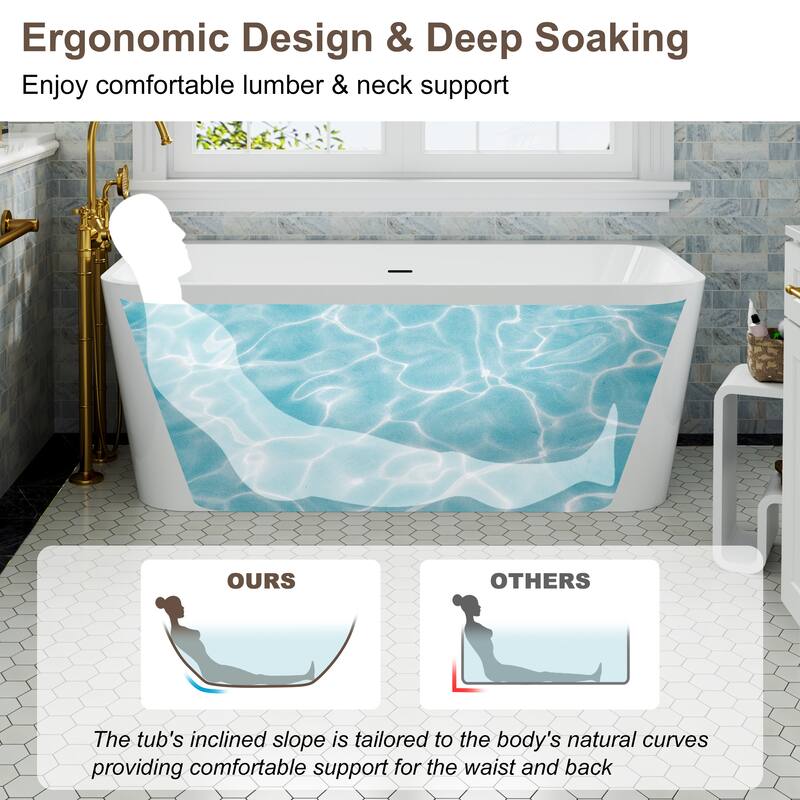 59 in. Freestanding Acrylic Soaking Bathtub, Modern Rectangular Design with Included Drainer