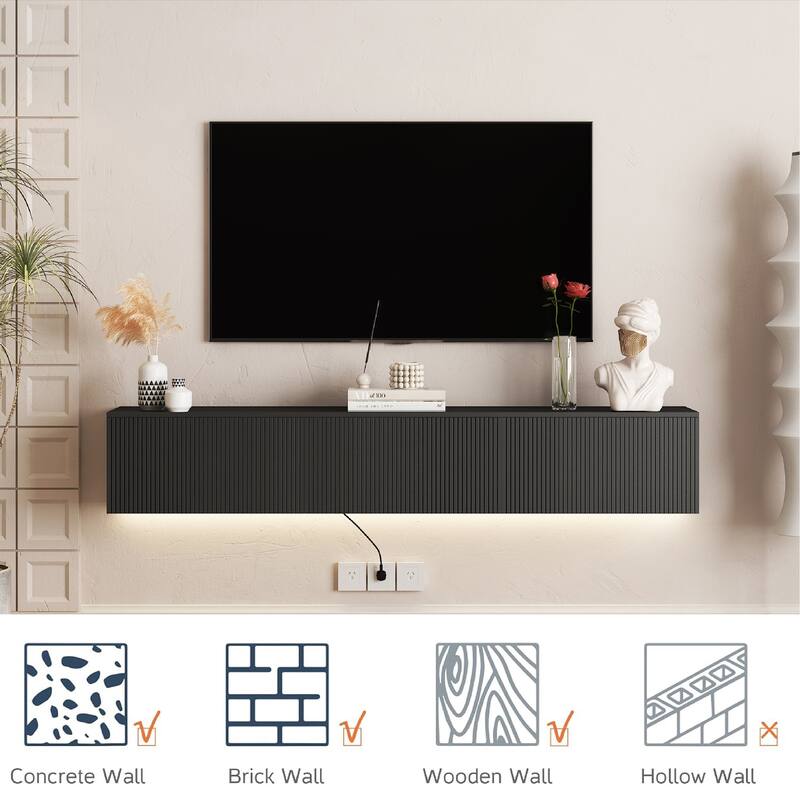 Modern Wall Mounted LED TV Stand with Power Outlet, , Floating Media Cabinet TV Console Entertainment Center for 65" TV - Black