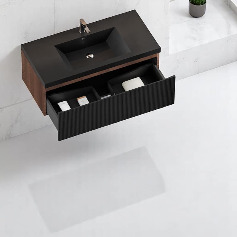 24''/30''/36''/42'' Floating Vanity,Smoked Walnut Storage Cabinet with Soft-Close Drawers,Black Quartz Sand Sink,Wall-Mounted