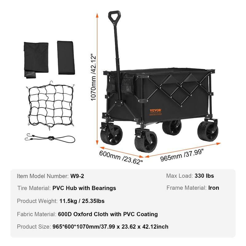 Heavy-Duty Collapsible Folding Wagon - 330lb Capacity, 220L with All-Terrain Wheels & Drink Holders