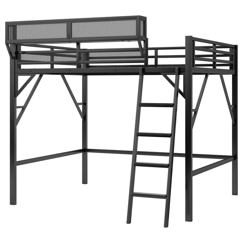 Queen Size Metal Loft Bed with Storage Shelves and Ladder for Kids and Teens, Black