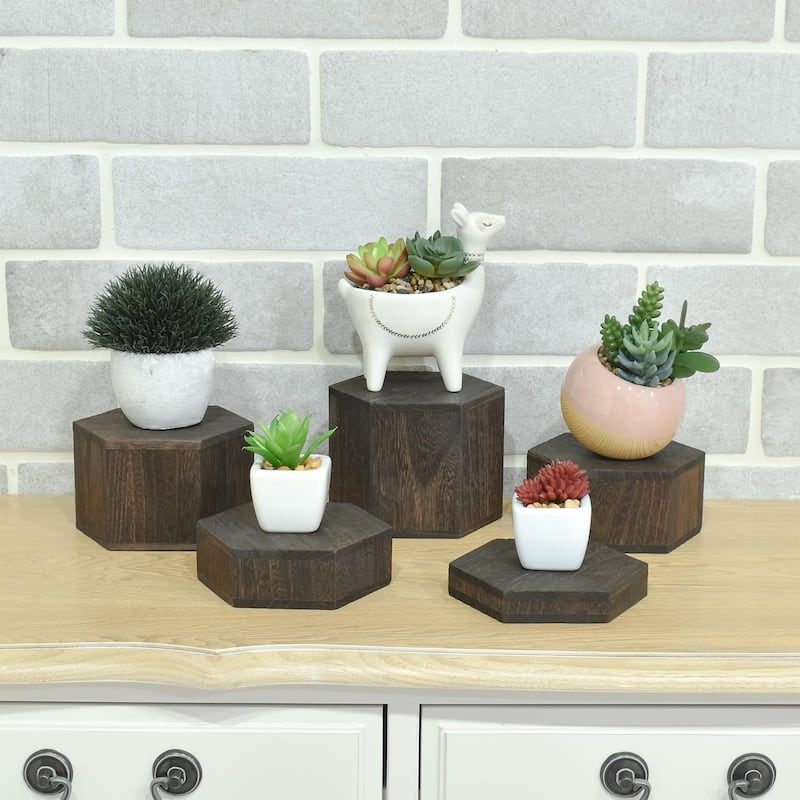 Large Wooden 5 Pcs Hexagon Risers for Display Jewelry,Dark Brown Color - S