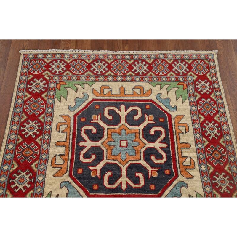 Geometric Kazak Runner Rug Hand-Knotted Wool Carpet - 3'3" x 7'2"