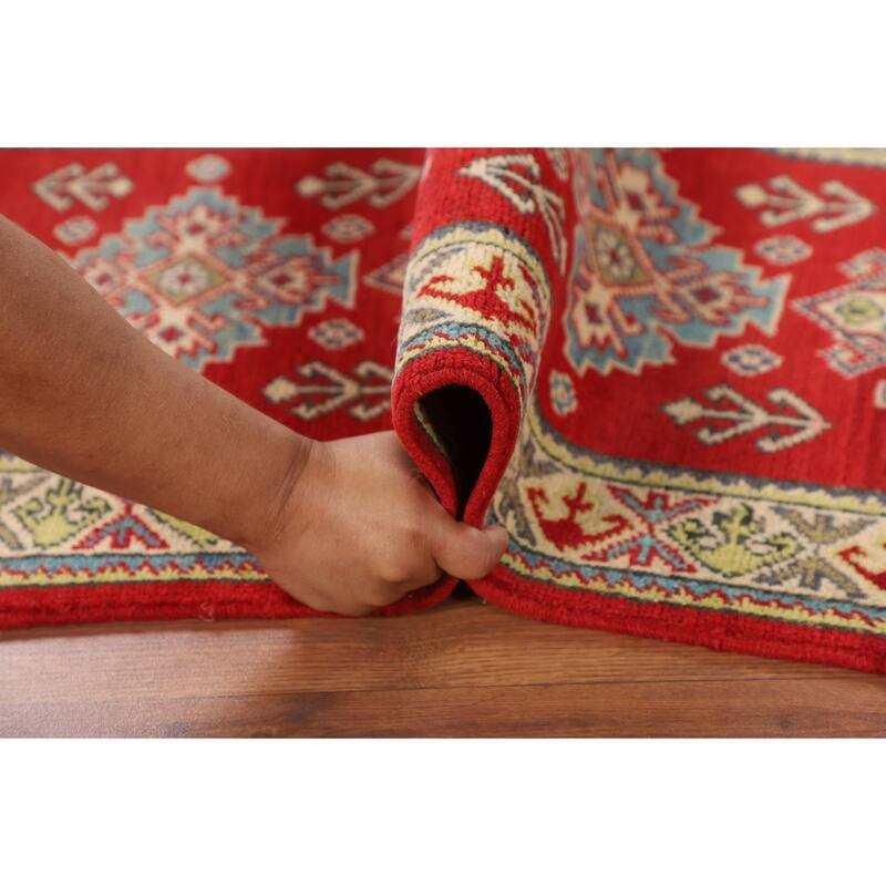 Red Geometric Kazak Oriental Runner Rug Handmade Wool Carpet - 2'1" x 5'10"