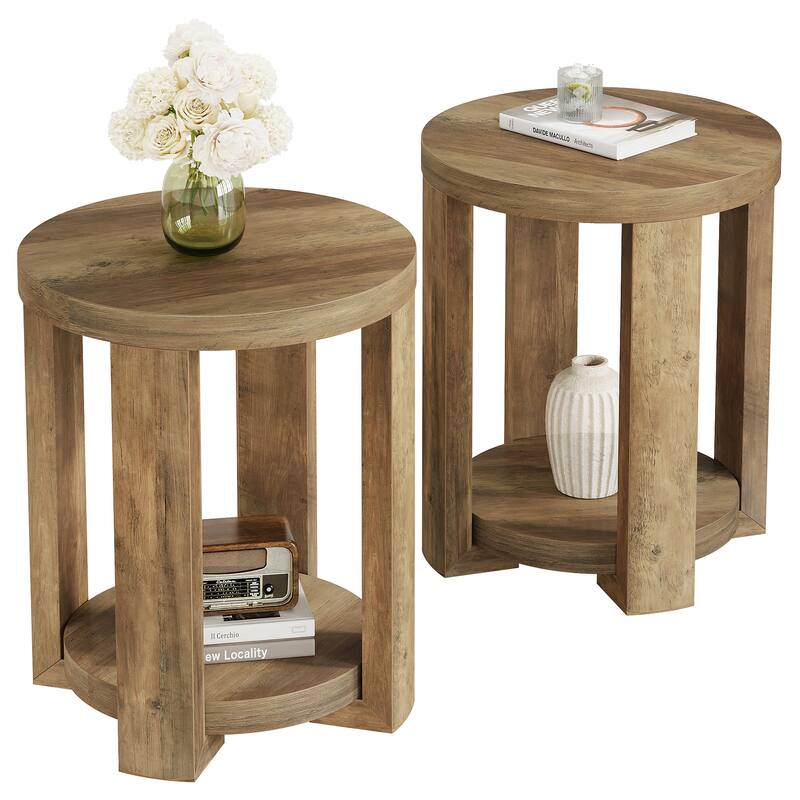 2-Tier Round End Table, Side Accent Snack Table, Living Room Bedroom Bedside Nightstand Furniture