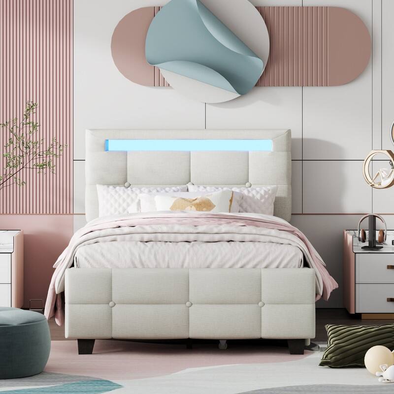 Twin Size Linen Upholstered LED Platform Bed Frame with Drawers