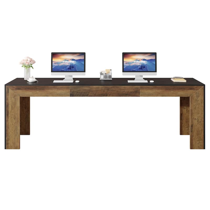 Wood Executive Desk Workstation, 78.7" Computer Desk, Home Office Writing Gaming Table Accent Desk