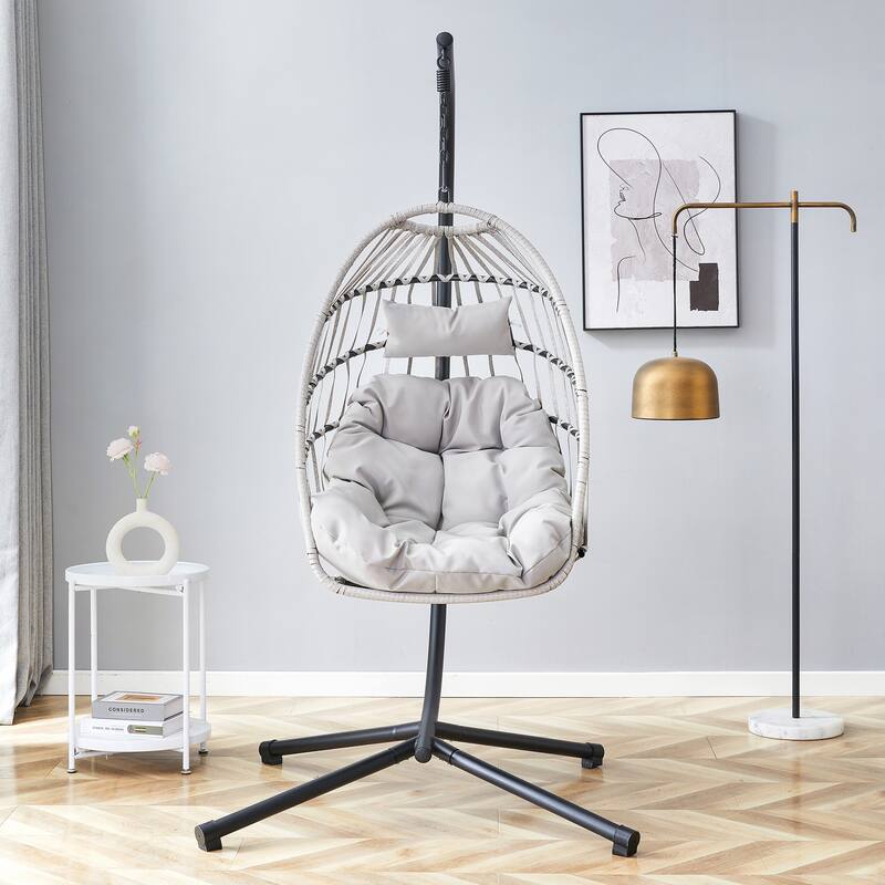 Heavy-Duty Iron Hanging Chair with Wicker Weave for Indoor/Outdoor Comfort