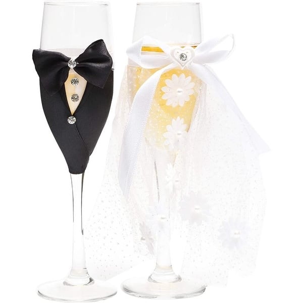 Bride and Groom Champagne Flutes, Wedding Dress Tuxedo Toasting Glasses  Gift Set - 8.75