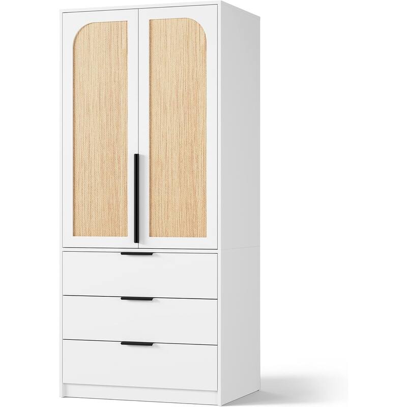 Garvee Rattan Door Armoire Wardrobe Closet, 69.5" Wooden Wardrobe Cabinet with 3 Drawers