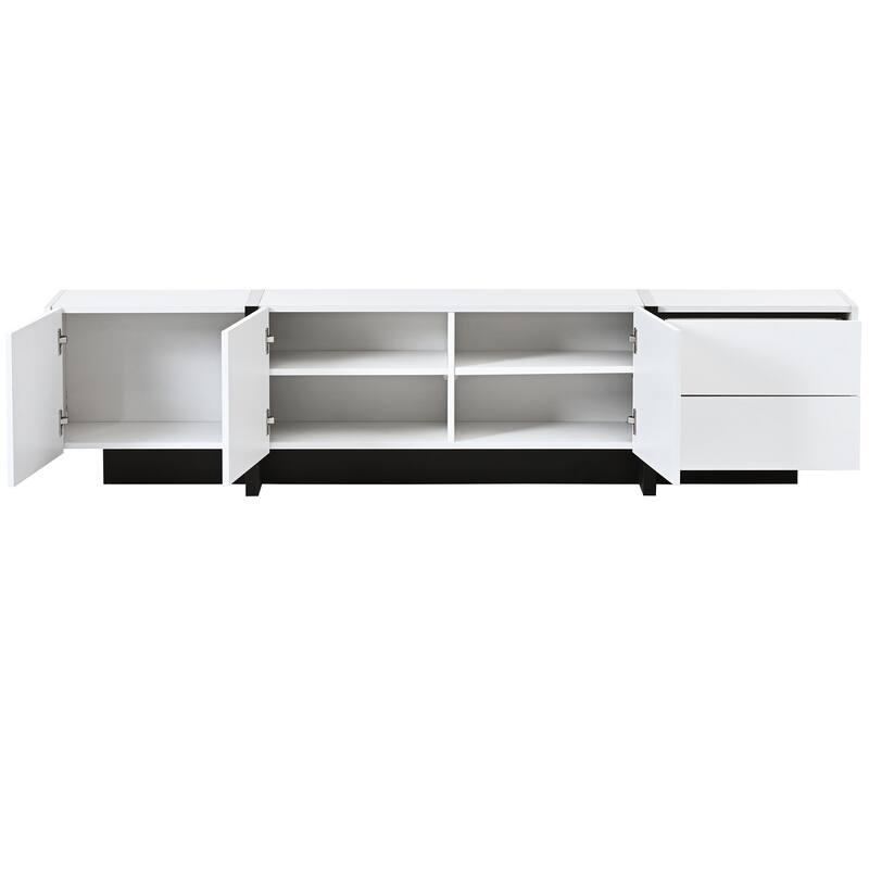 Modern TV Console for TVs Up to 80'', Contemporary Rectangle Design with 3 Cabinets & 2 Drawers, High Gloss Surface