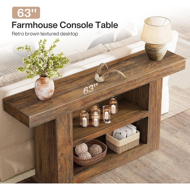 63-Inch Console Table, 3-Tier Farmhouse Entryway Table with U-Shaped Base for Entrance, Hallway, Living Room Foyer, Brown