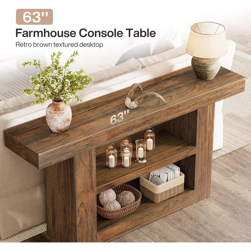 63-Inch Console Table with Storage, 3-Tier Farmhouse Entryway Table, Wooden Sofa Table Behind Couch - 11.8" W x 63" L x 31.5" H