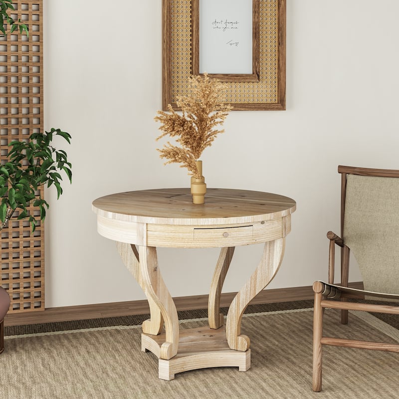 Farmhouse Curved Legs Round Table, Smal End Side, Wood Coffee Table with Small Drawer for Kitchen, Living Room