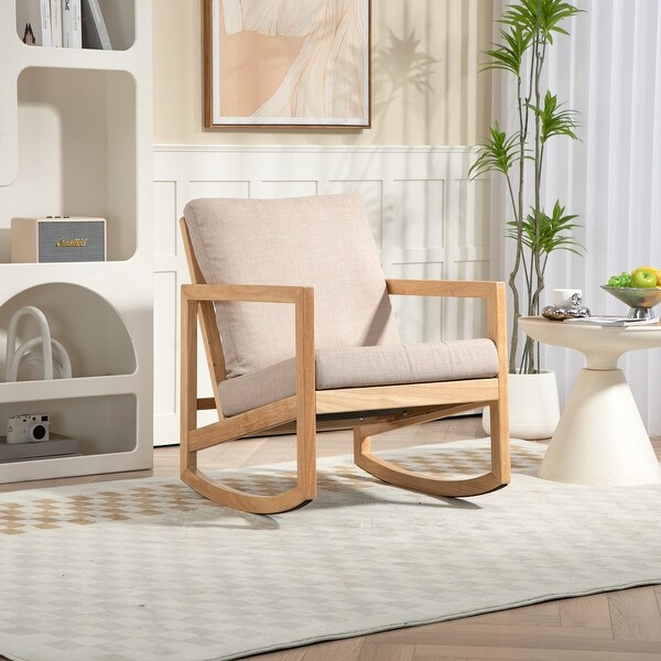 Modern Glider Rocking Chair, Natural Rubberwood Frame, Khaki