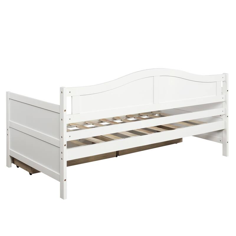 Classic Twin Size Daybed Storage Platform Bed with 2 Drawers, Armrest and Arched Backrest, Sofa Bed for Bedroom Living Room